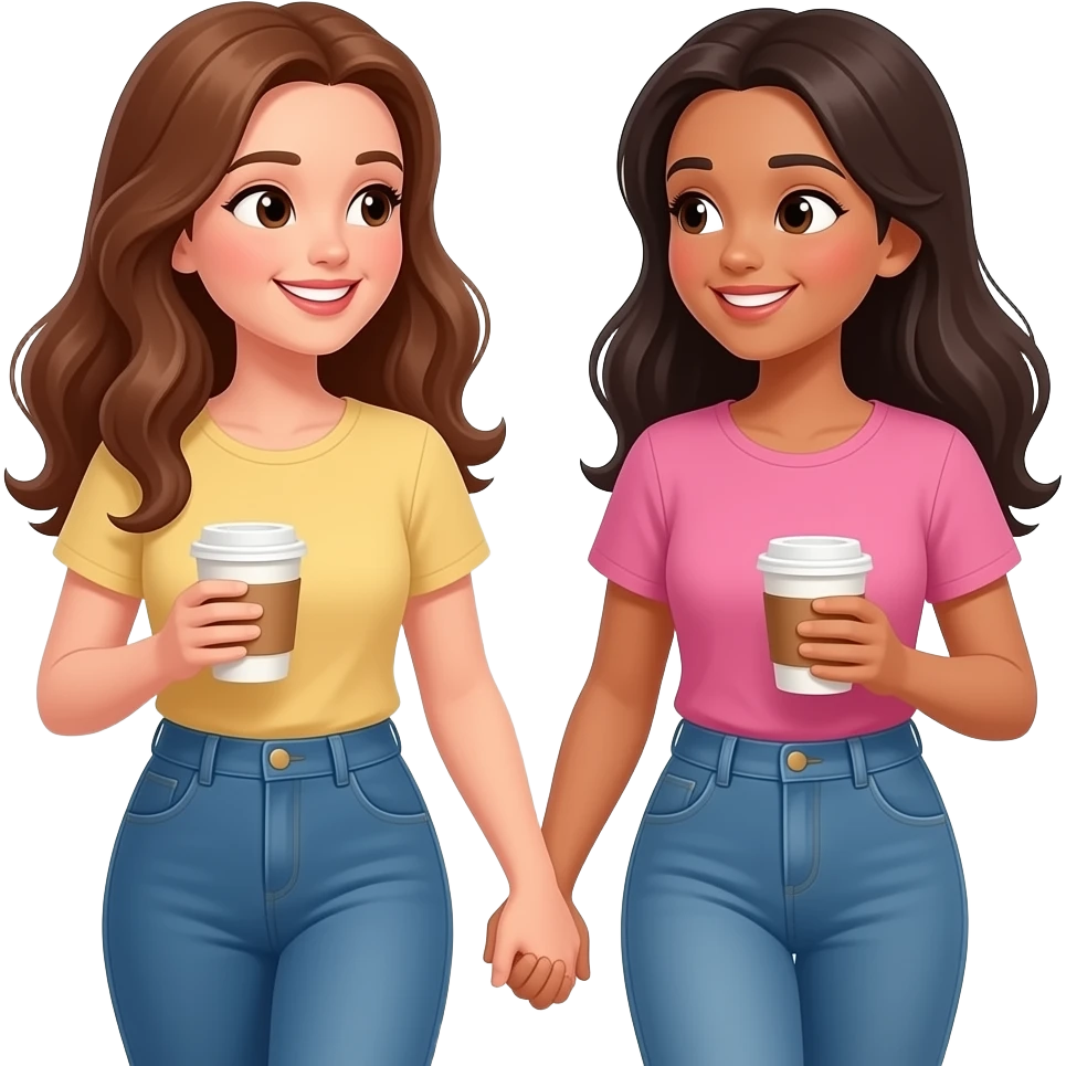 A brunette and a dark haired girl walking while smiling and talking, they are beat friends and they are both white. They are not holding hands. Holding coffe emoji