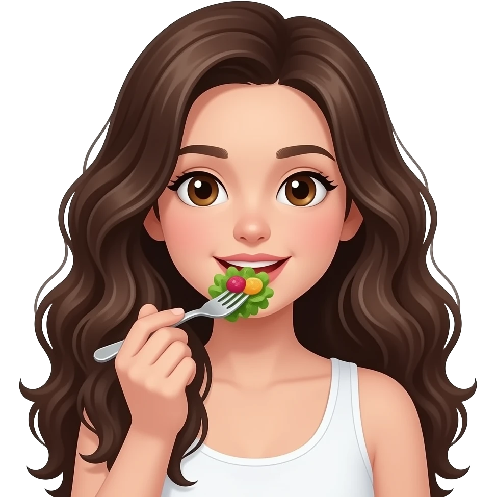 A girl with fair skin, brown eyes, long, incredibly wavy dark brown hair, wearing a white tank top, eating a salad. emoji