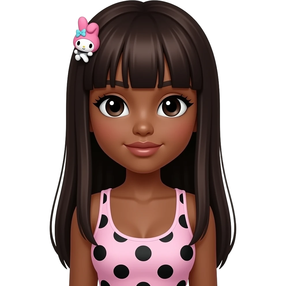 Dark brown skin, Gyaru makeup, my melody hairclip, cutecore, doll eyes, Doll, big chest, black girl with dark brown skin, with straig htened long dark brown hair, black cute eyes, cute lips with Gyaru outfit with tank top light pink and black polka dots emoji