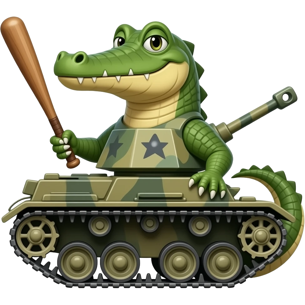 a crocodile body mix by a army Tank an holding a bat emoji