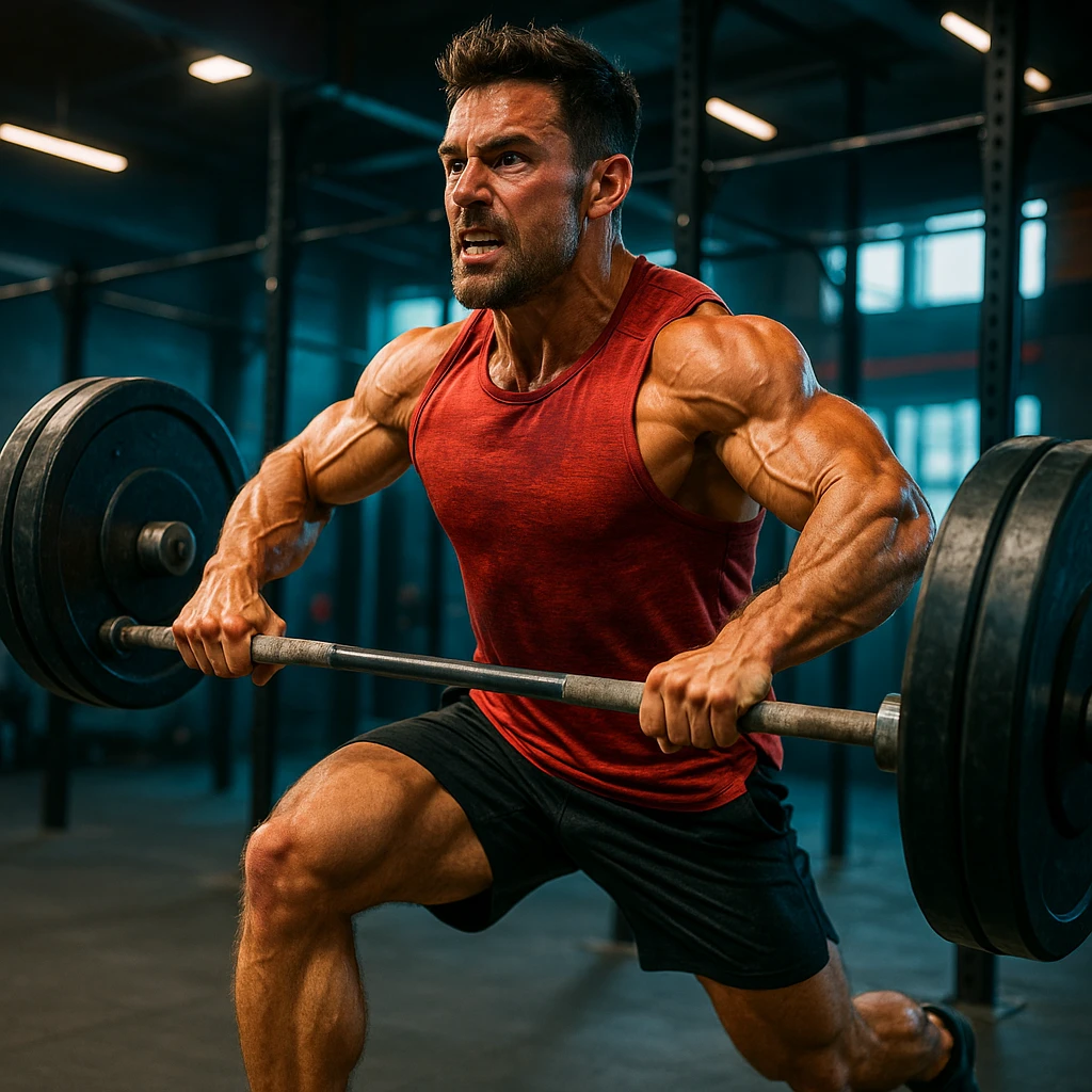 realistic 4K image of a CrossFit athlete training, creative and impactful, muscles highlighted, dynamic movement, vivid colors, energetic atmosphere, modern gym background emoji