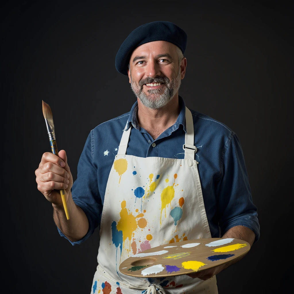 a professional painter, realistic style, holding a paintbrush and palette, wearing a beret, with paint splatters on clothes emoji