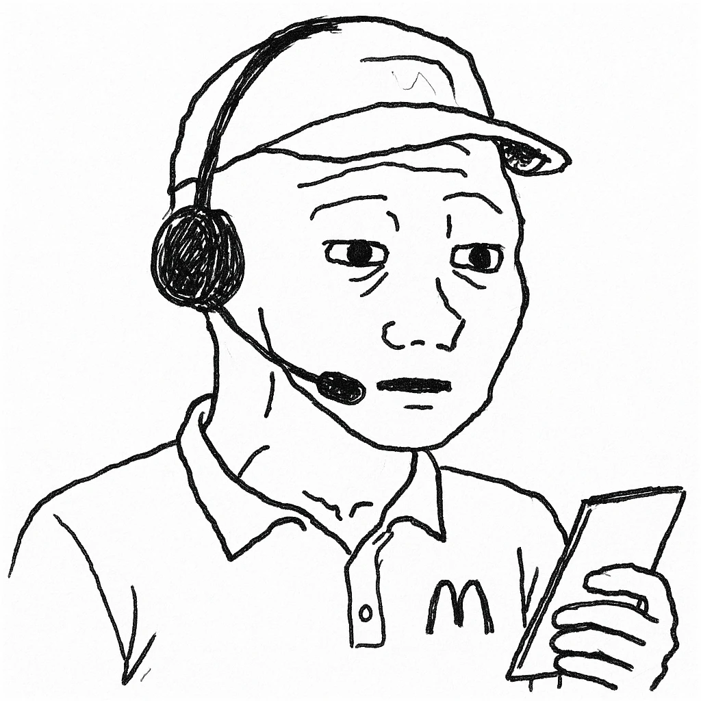 wojak meme style, McDonald's worker with headset, taking an order, simple background emoji