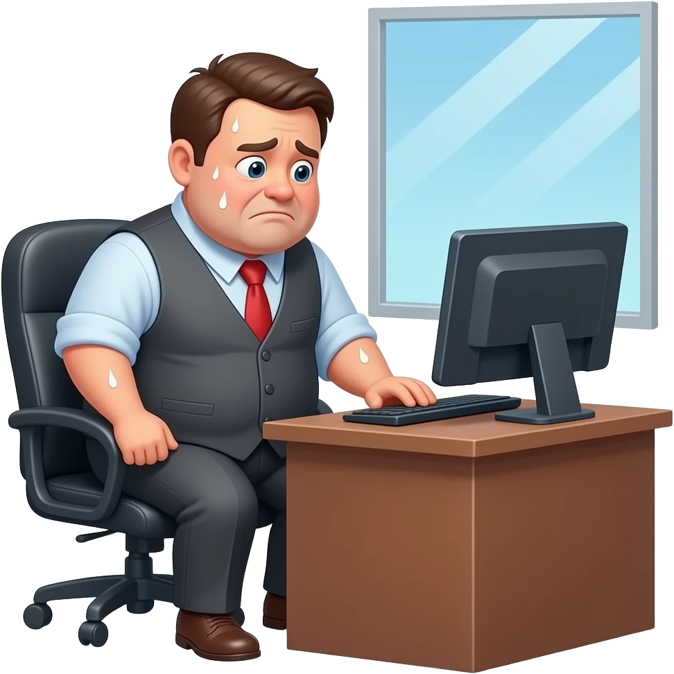 hazme una habitacion de empresiario con una persona sentada i gorda con sudor i apresurada i triste en una oficina de empresario i que tenga un mal bestido i que haya una ventana i que tenga un ordenador i que este mirando al ordenador emoji