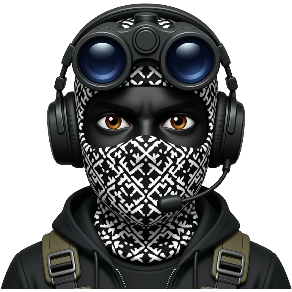 man with brown eyes wearing black clothes, face total painted black and a black and white patterned balaclava and wears a headset and a big black night vision device on his headtop emoji