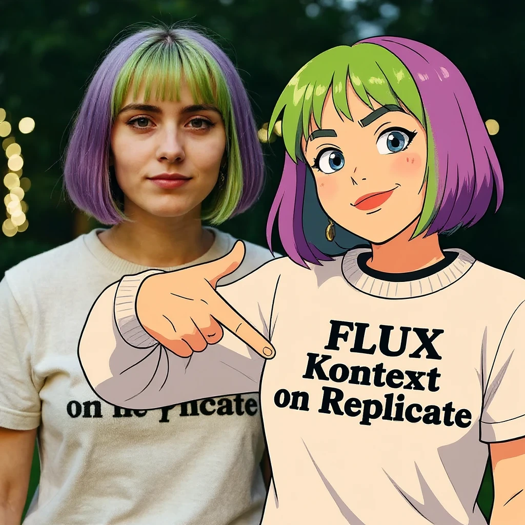 make a image of a girl with a anime version of that girl beside her wearing tshirt with text of FLUX Kontext emoji