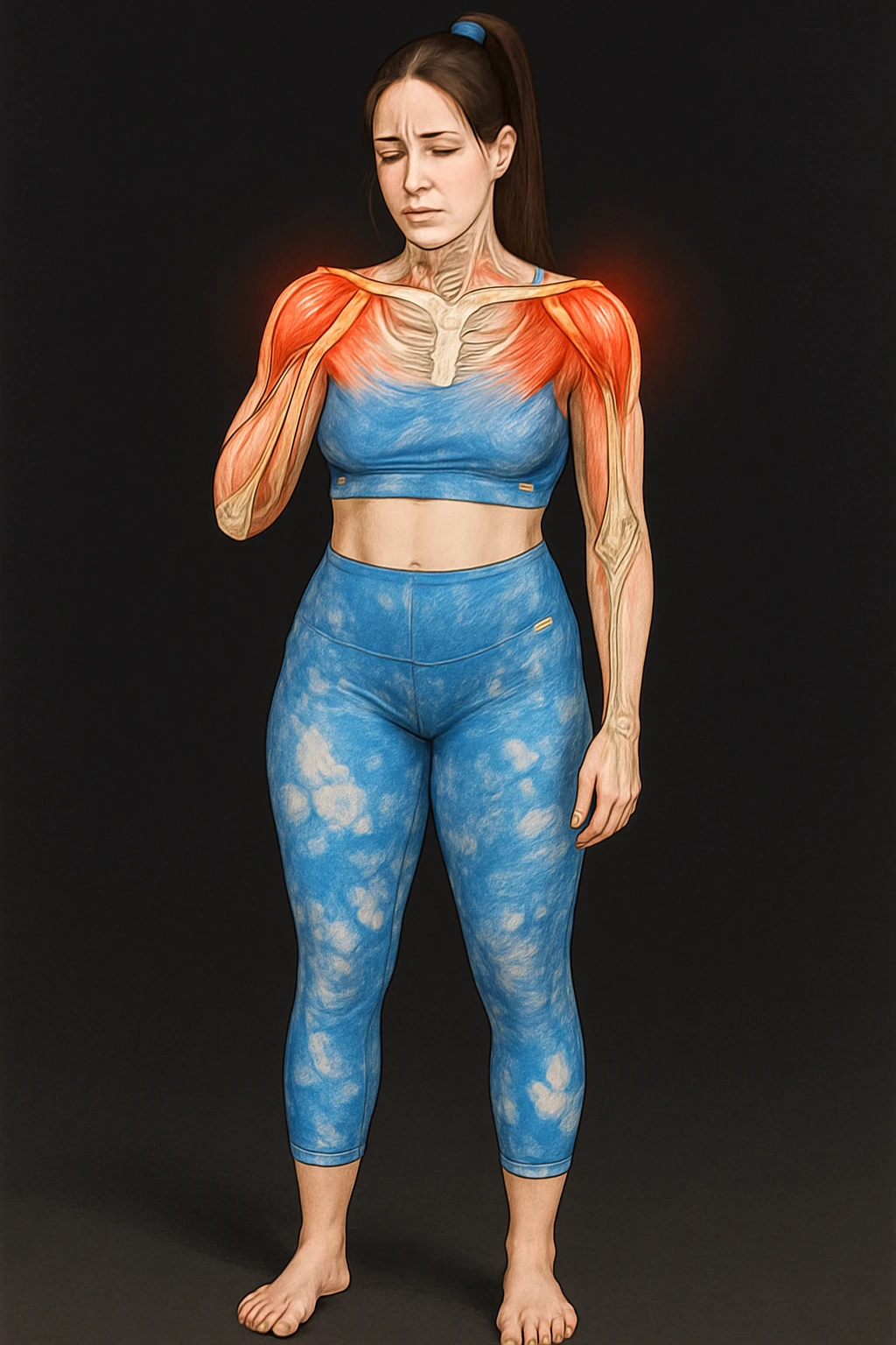 A woman with shoulder pain, add anatomically highlighted shoulders on the body, variant 6, in a style suitable for editing and anatomical emphasis. emoji
