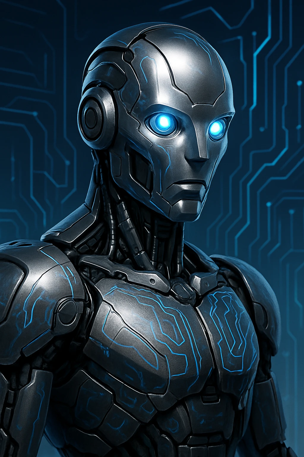 A tech bot with a metallic body, glowing blue eyes, and circuit patterns, in a modern style emoji