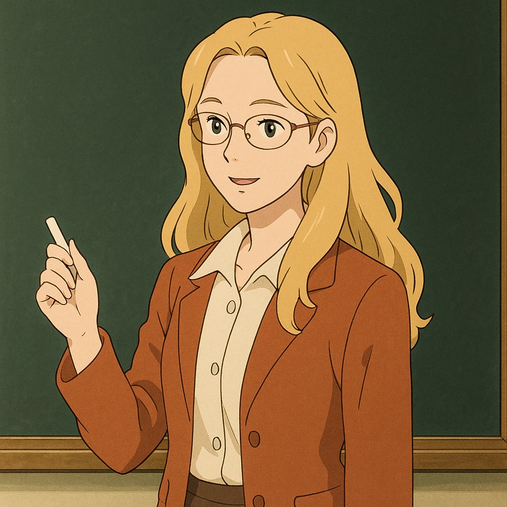 profesora rubia de pelo largo, piel clara, estilo ghibli, con una pizarra emoji