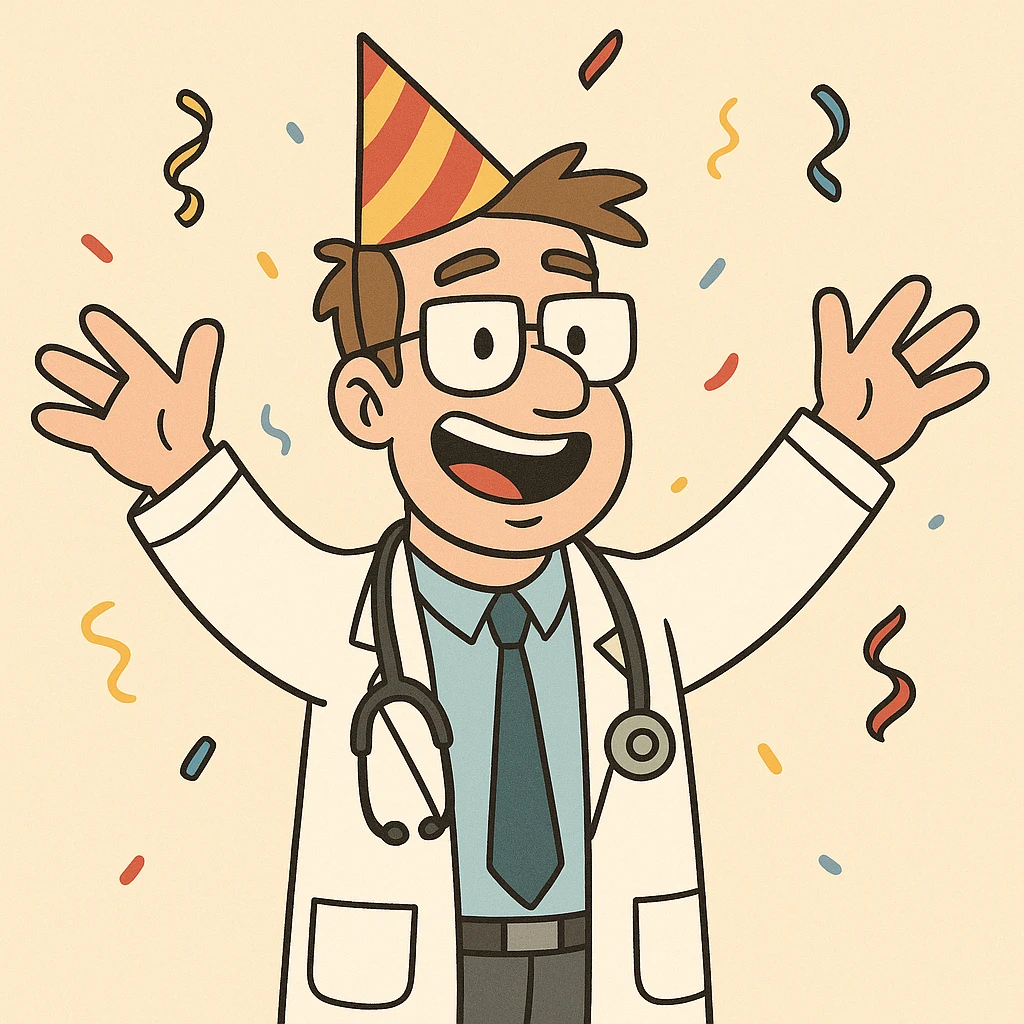 cheerful doctor wearing a party hat, simple background emoji