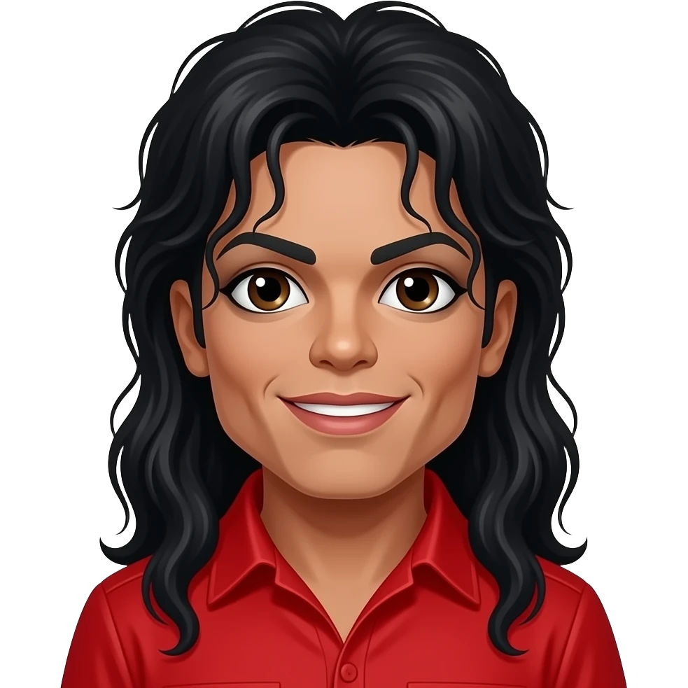 Michael Jackson with dark brown eyes, long black hair, red pop idol outfit emoji