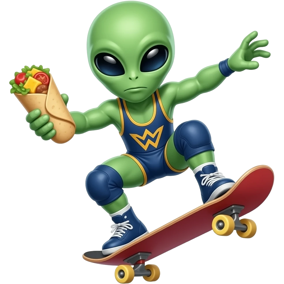 An alien on a skateboard doing a trick while holding a breakfast burrito while wearing a wrestling singlet emoji