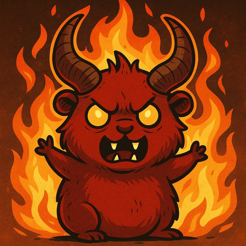 red guinea pig demon with large horns, surrounded by flames, cartoonish style emoji