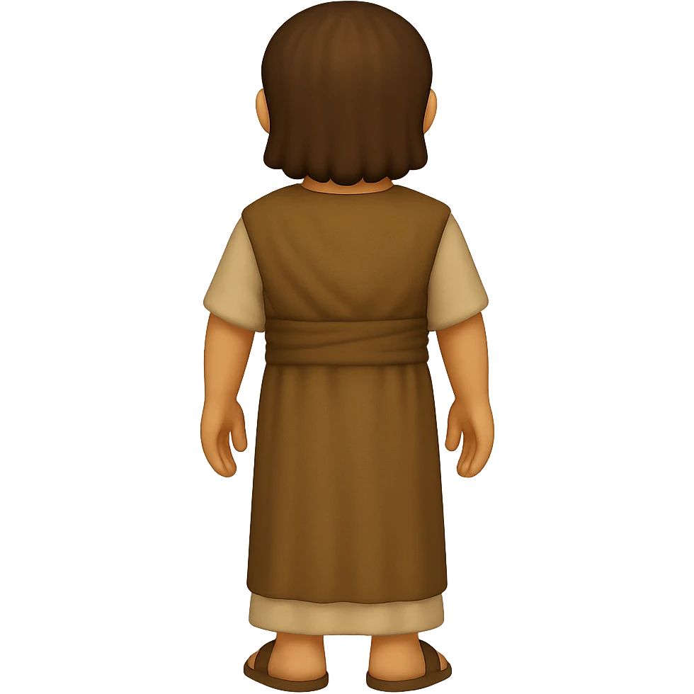 Back view, centered full body, facing away, classic emoji style of apostle Peter with short hair, no hood, arms down by sides, smiling, full beard, wearing long sleeve brown clothes with beige details, no background. The style should mimic classic emoji style. emoji