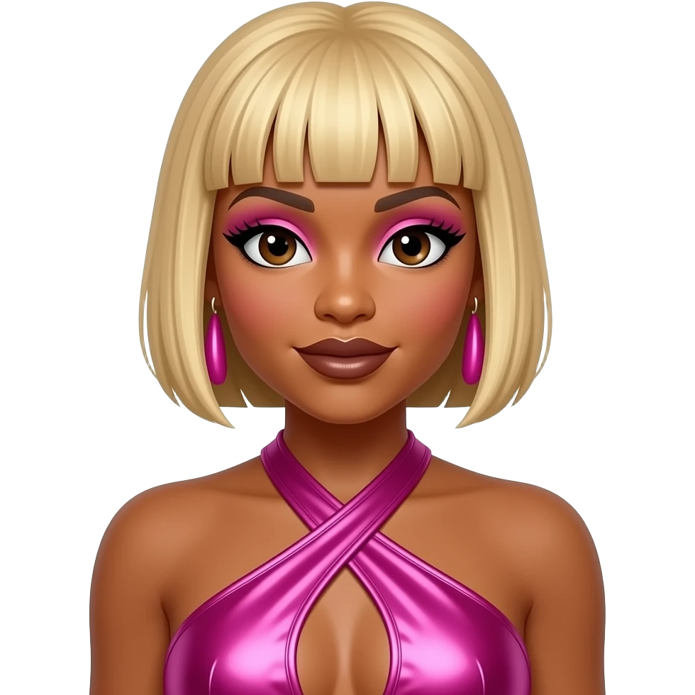 Tionne T-Boz Watkins from TLC with dark brown eyes, blonde 90s short bob hair with long sideburns, pink eyeshadow, dark brown lipstick, hot pink metallic halter dress, pink earrings emoji
