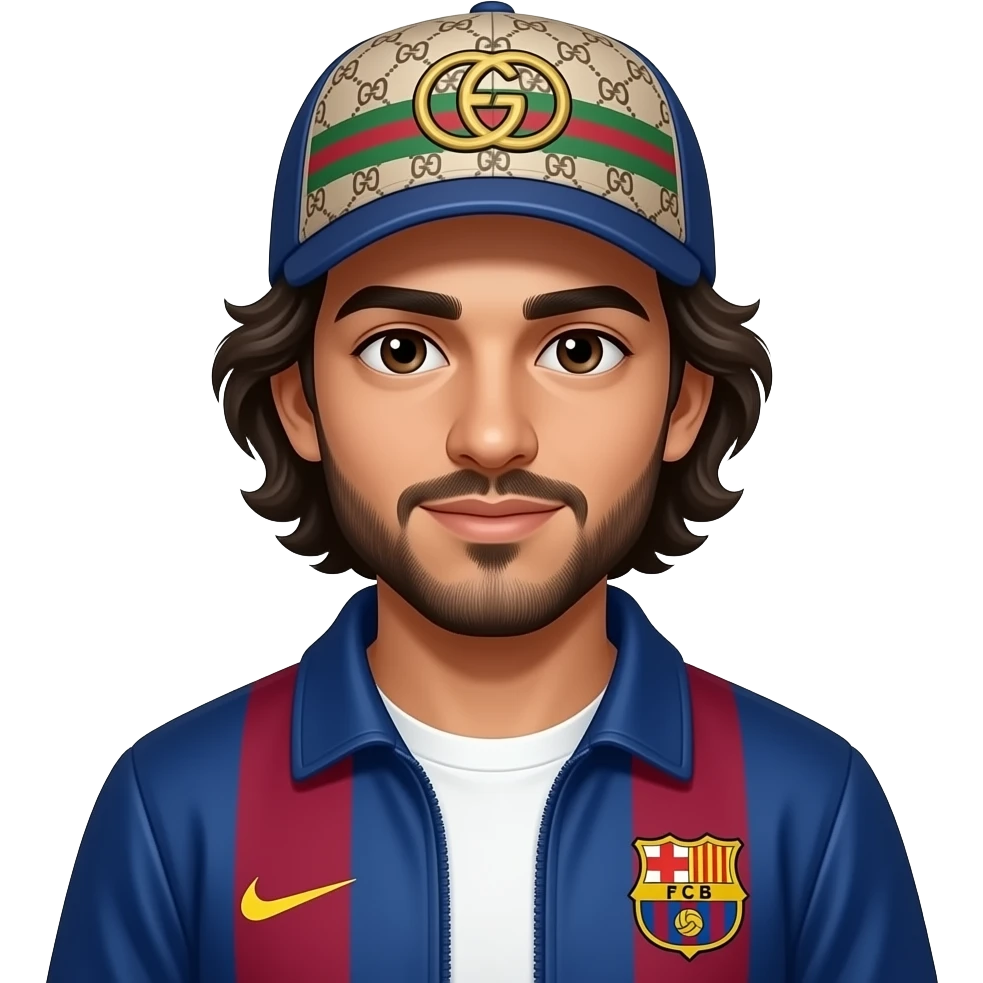 Jeune Arabe, sans barbe, cheveux long, veste Barca, casquette Gucci emoji