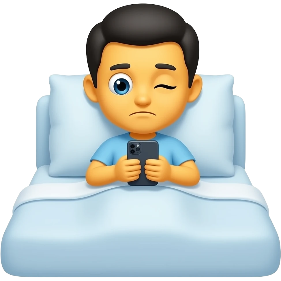 Cute & funny good morning yellow emoji face that just woke up but looks tired and has only one eye open and the other eye shut reading phone messages in bed emoji