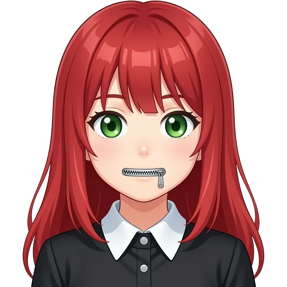 anime girl zipper mouthed red hair green eyes black blouse with white collar emoji