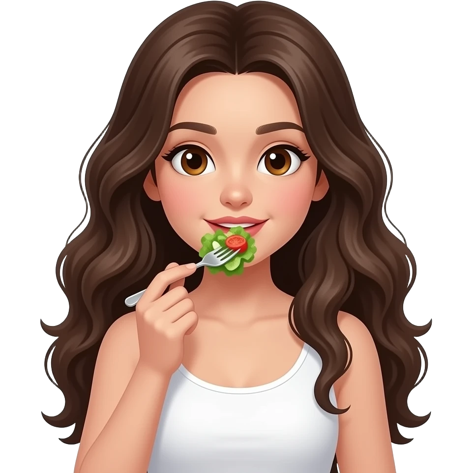 A girl with fair skin, brown eyes, long, incredibly wavy dark brown hair, wearing a white tank top, eating a salad. emoji