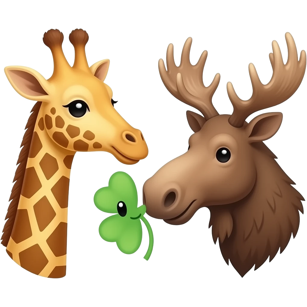 Einfacher Giraffenkopf und Elchkopf schauen sich an mit Kleeblatt emoji