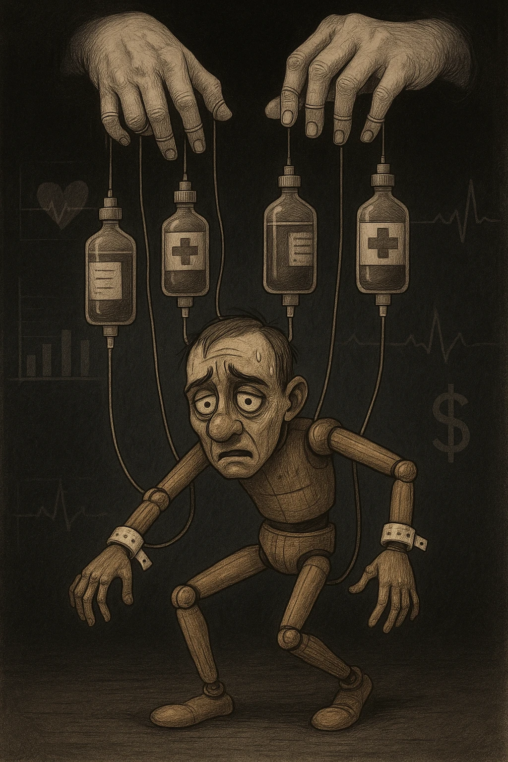 a marionette puppet with hospital bracelets and medication bottles as strings is controlled by unseen hands from above. The puppet’s face shows confusion and fatigue, representing the feeling of being managed by an invisible system. The background is dark, with faint images of medical charts and dollar signs. in italiano emoji