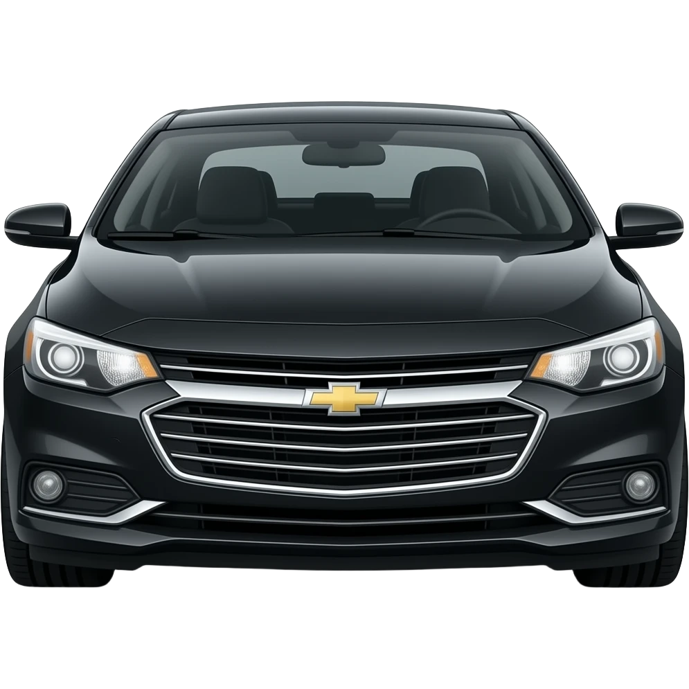 A realistic, high-detail photograph of a glossy black Chevrolet Malibu 2 Turbo Premier sedan with tinted windows, bright featuring deep-glowing, intensely illuminated headlights on the front and black alloy rims. emoji