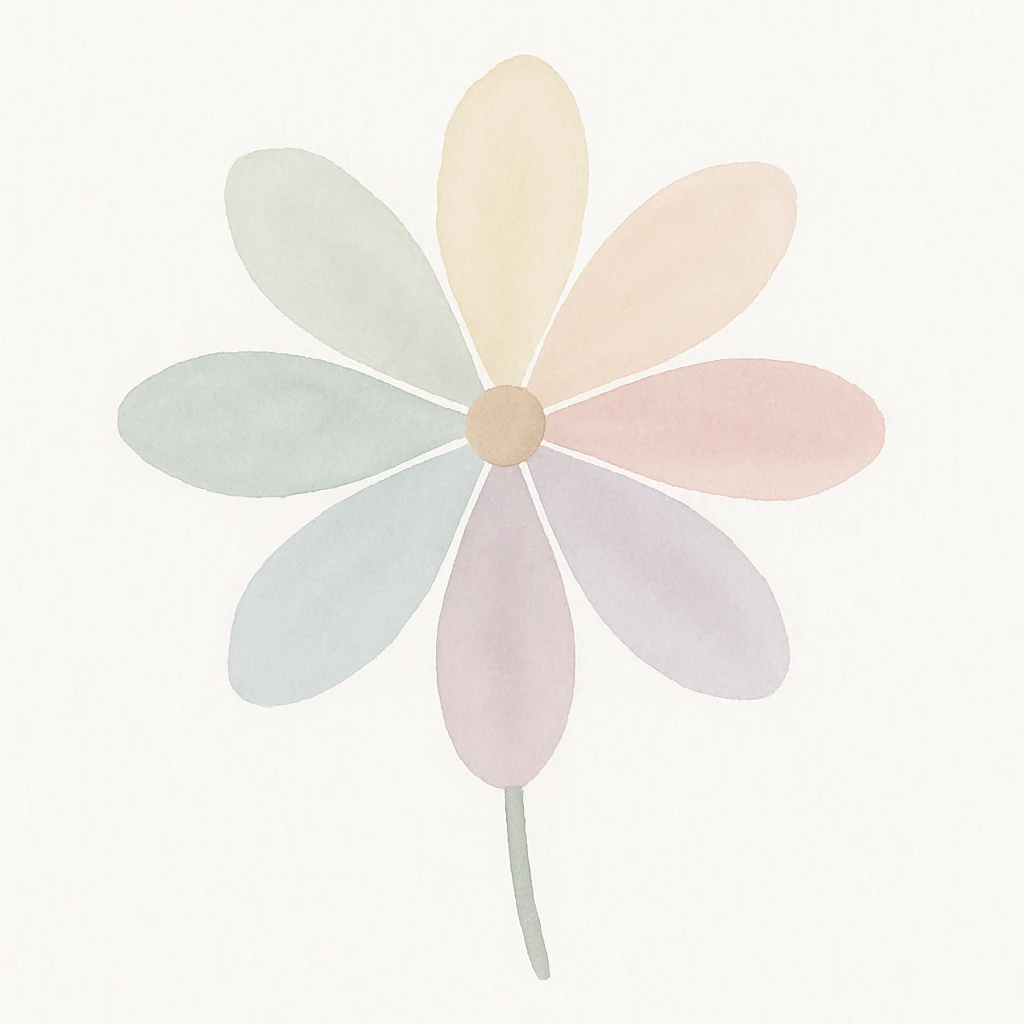 A seven-petal flower with each petal in a different pastel color, watercolor painting style. emoji