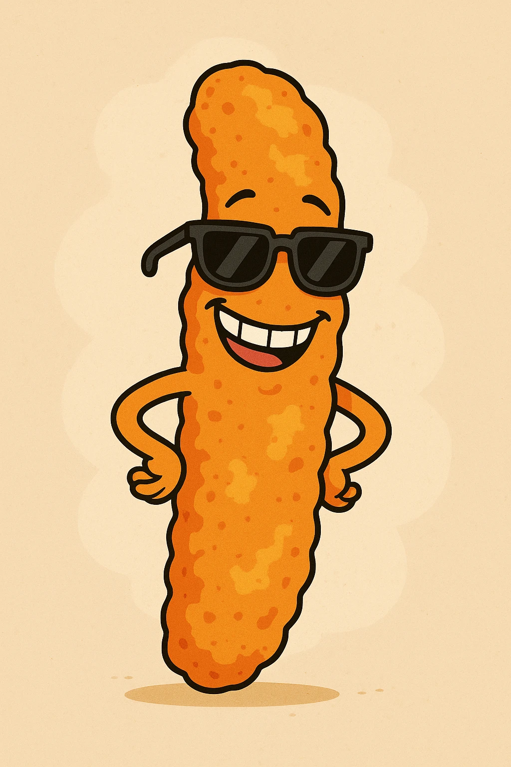cartoon-style Cheeto with a smiling face and sunglasses, bright orange, fun and playful emoji