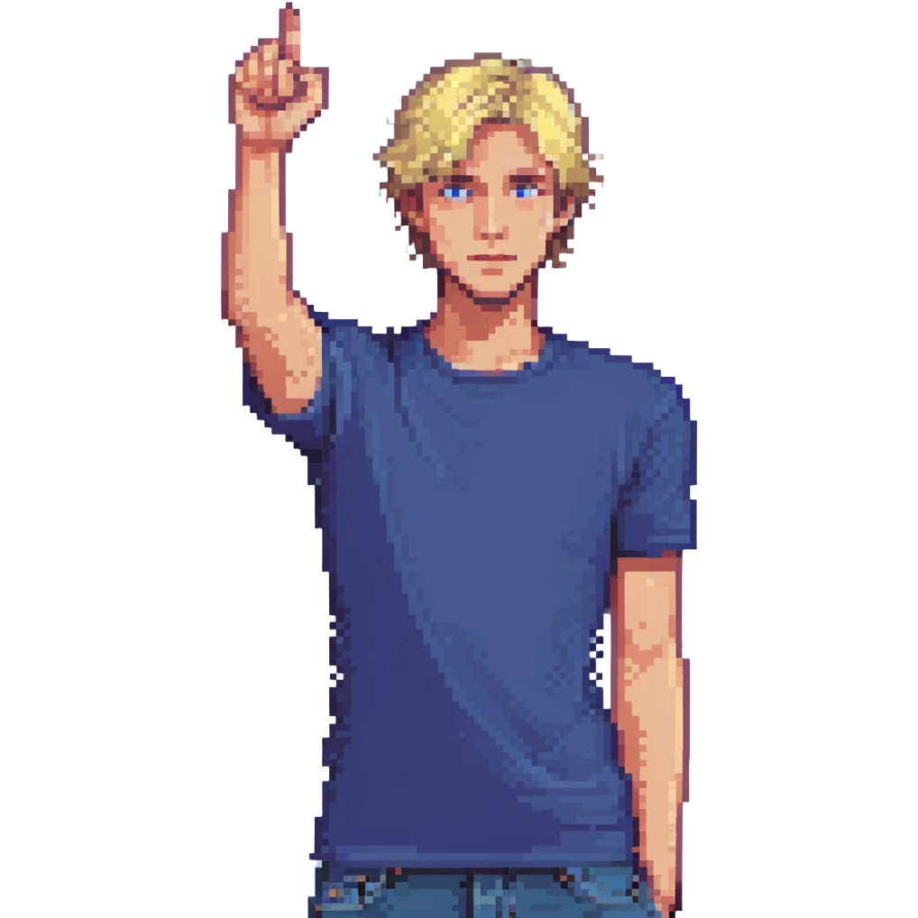 Flat pixel art, confident male leader, Caucasian, short neat blonde hair, sharp eyes, indigo T-shirt, one arm raised gicing direction, waist-up, front-facing emoji