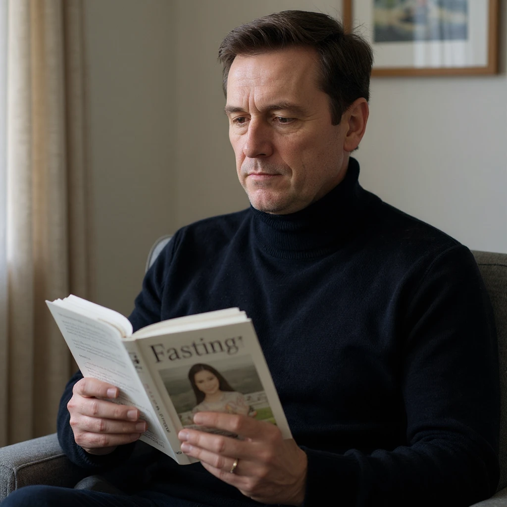 Vertical 2:3 photograph inspired by the reference image, featuring an elegant man in a black sweater, fasting theme. The man is reading a book about fasting, with the cover visible showing the word 'Fasting', in a domestic environment. Realistic style, clearly conveying the concept of fasting. emoji