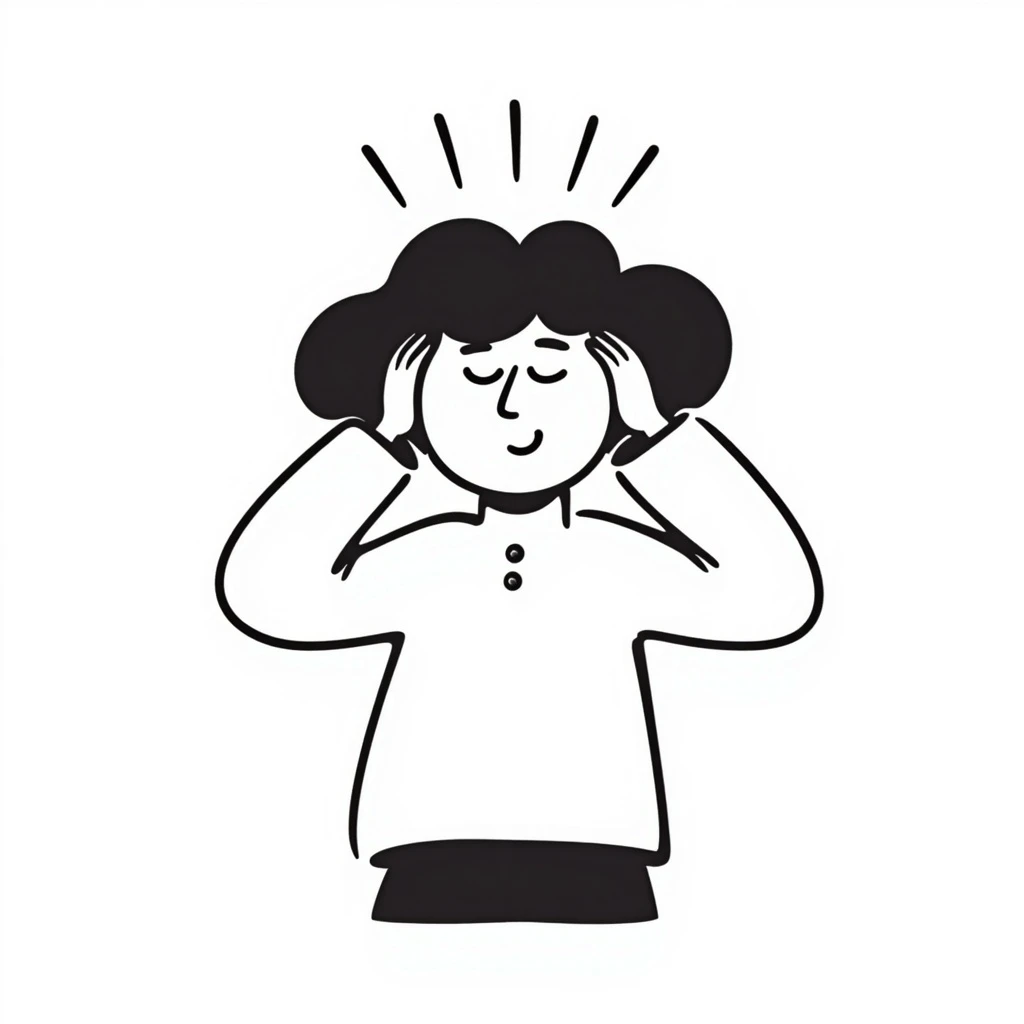 persona con dolor de cabeza, estilo doodle, trazos negros simples, gesto de dolor, líneas sobre la cabeza emoji