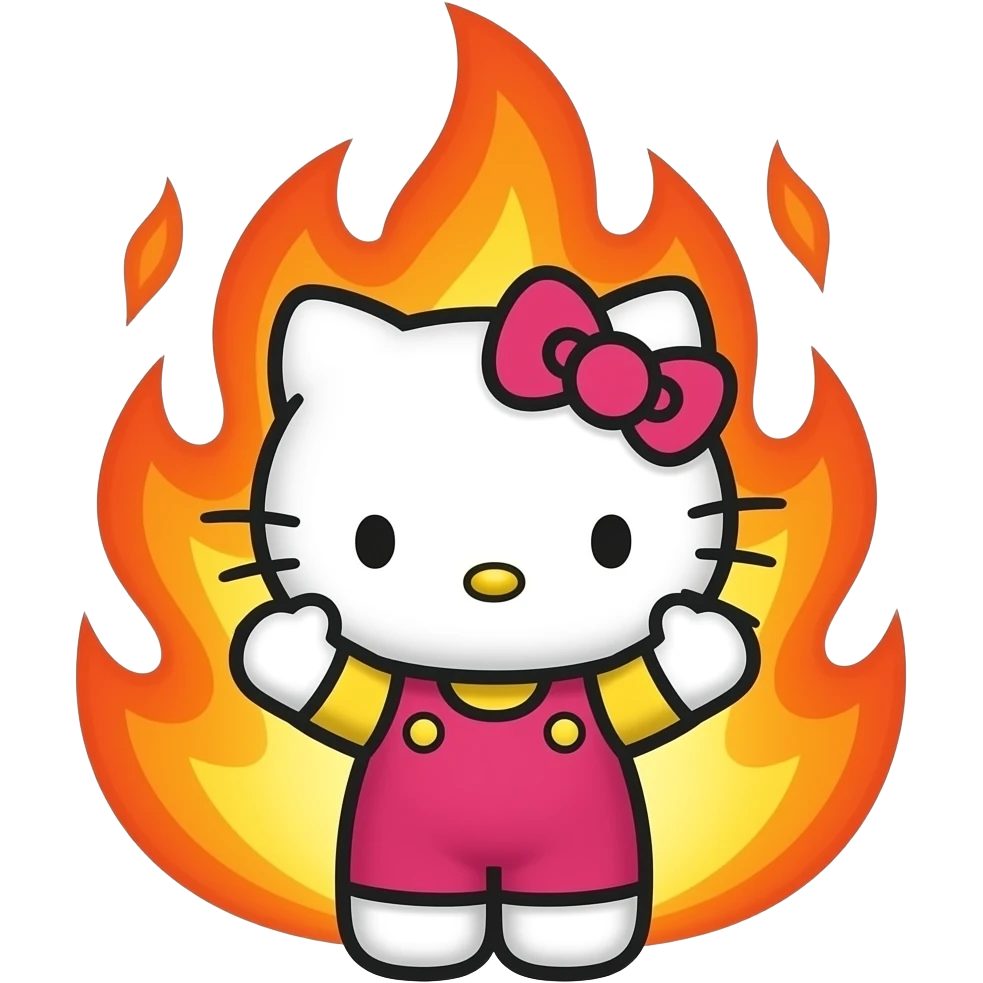 An angry Hello Kitty with flames behind her holding her hands in the air emoji