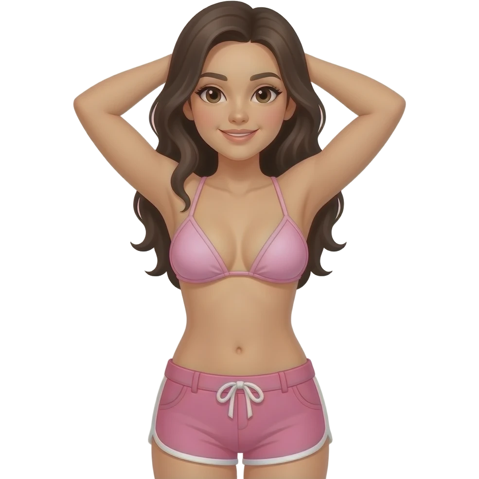 A girl in a light pink bikini with pink trunks with a white drawsting andhands behind her head!. emoji