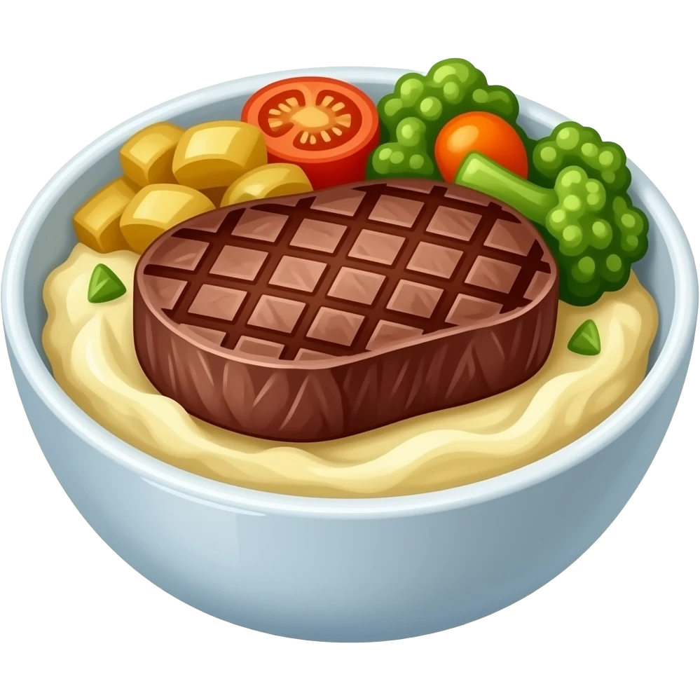 realistic -- grillades on mashed potato in bowl and cooked veges emoji