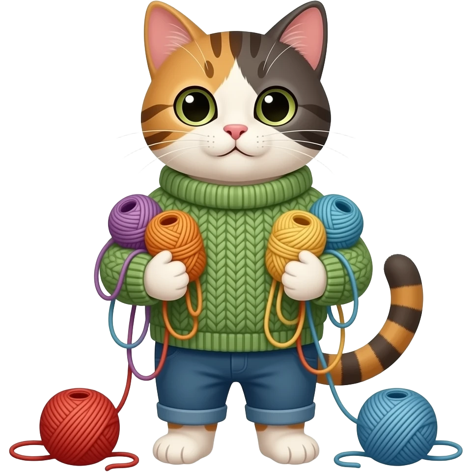 cat with knit sweater holding many yarn emoji