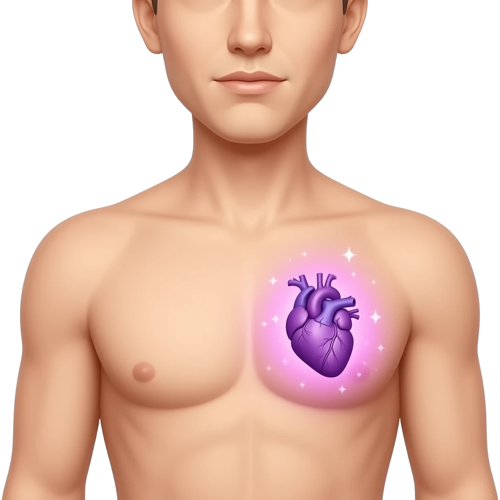 iOS-style emoji of  close up of a human torso with an  little anatomical purple heart in the chest, soft pink-purple aura with sparkles, smooth gradients, glossy finish, minimal details, neutral background. emoji