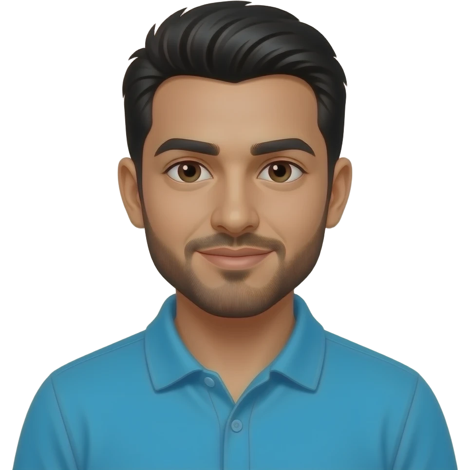 A man with a Arab skin, black and verry short hair,and a bleu cyan polo emoji