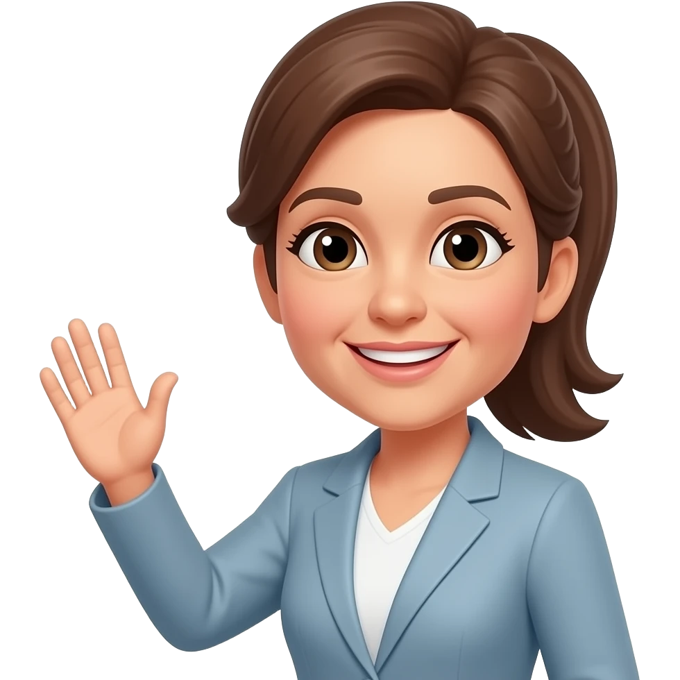 frau um die 50 mit langen braunen haaren, mit pony  schmalem gesicht, grüßend emoji