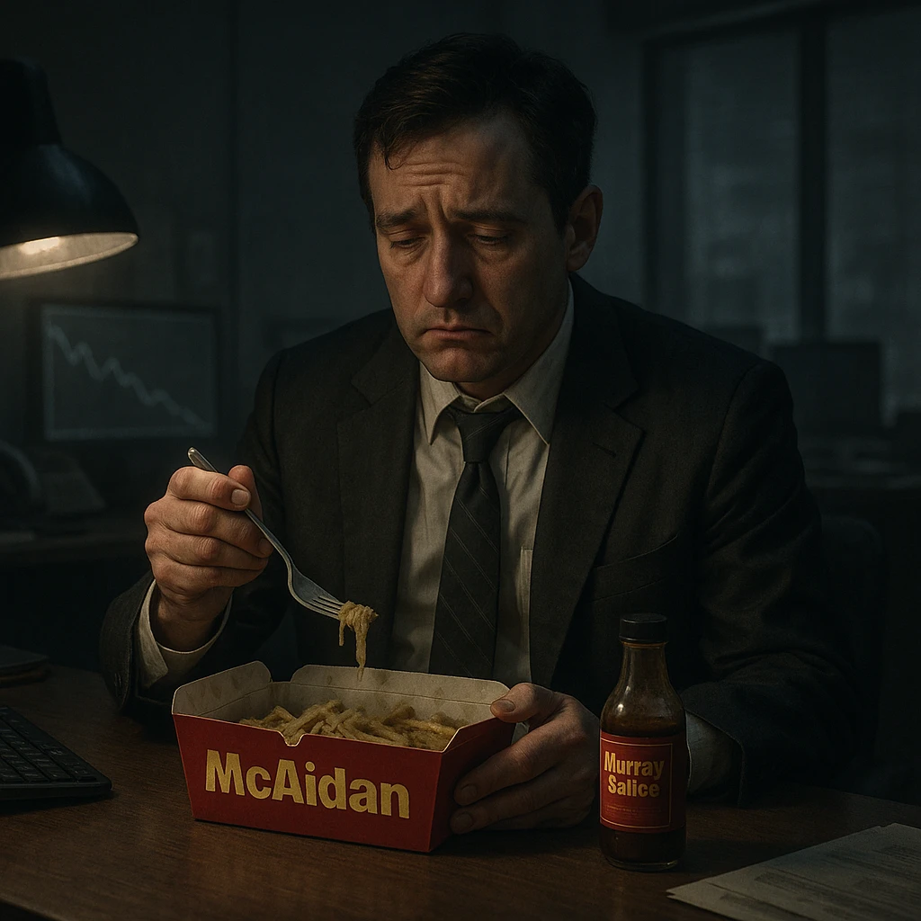 A gloomy office scene with a sad investment banker eating a clearly labeled 'Mcaidan' meal and 'Murray Sauce.' The food is soggy and depressing, and the character's mood is obvious. emoji