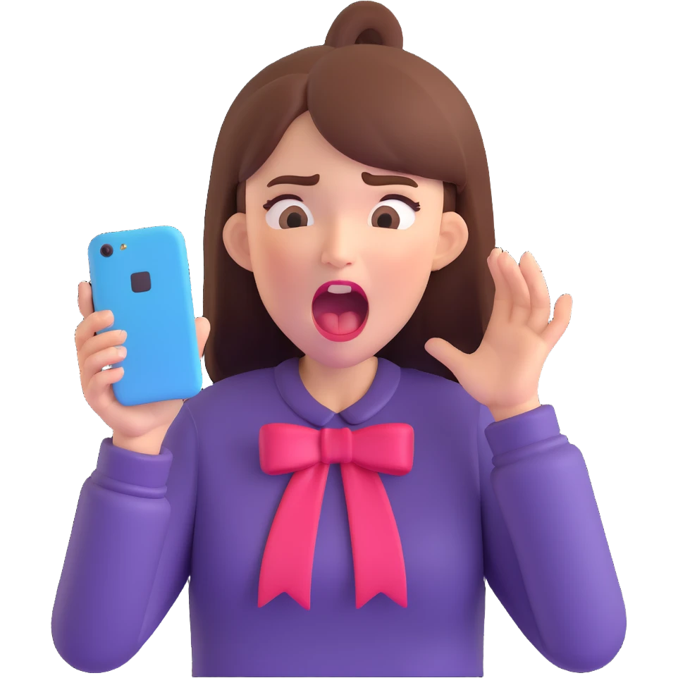 upset girl screaming at her phone, mouth wide open, frustration visible emoji