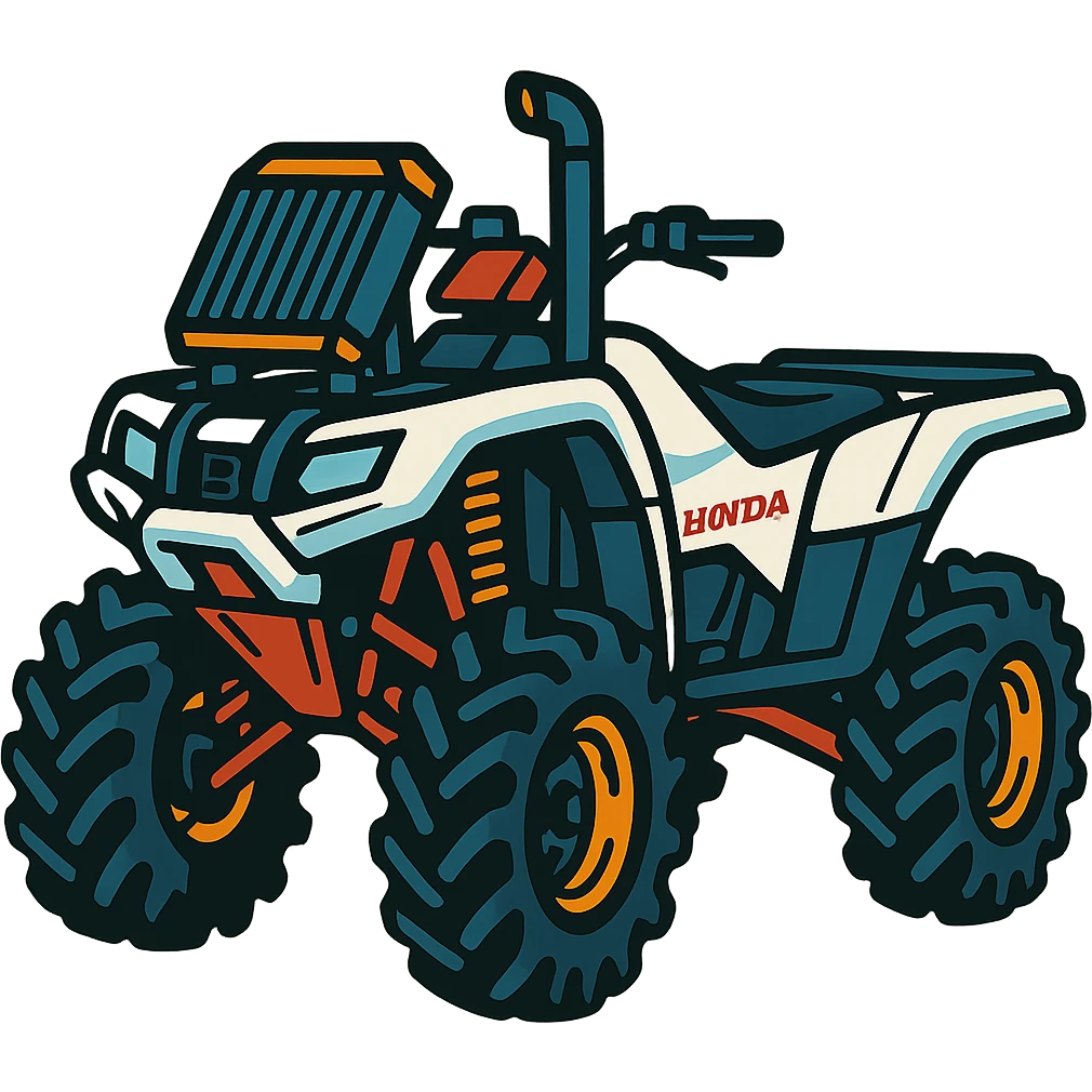 Honda 4 wheeler ATV with white plastics, a radiator relocate kit, a tall snorkel, a lift kit, and big tires, vibrant style emoji