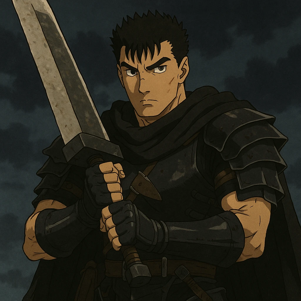 Berserk Guts, dark fantasy warrior with massive sword, intense expression, black armor, anime style emoji