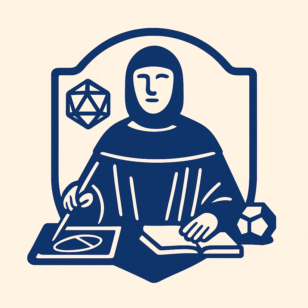 Design a flat blue startup logo inspired by Luca Pacioli, featuring geometric shapes and mathematical elements from the painting, but without the tool to his right. Try a badge or emblem style, keep it simple and modern. emoji