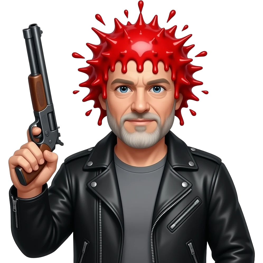 A white guy with a black jacket, his head completely gone, replaced with a red liquid explosion, with a shotgun pointed up under his chin emoji