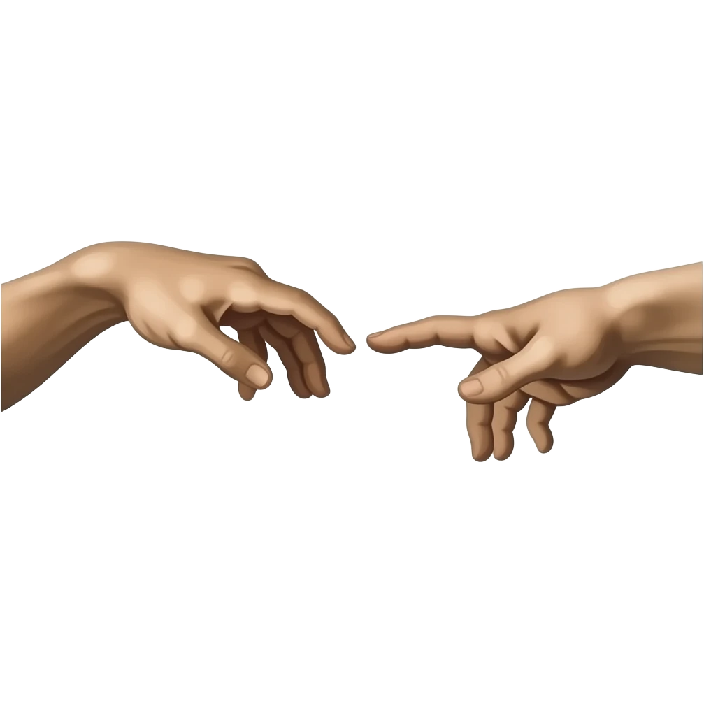 the touch of the fingers of two palms as in Michelangelo's painting in the Sistine Chapel, but mechanically constructed emoji
