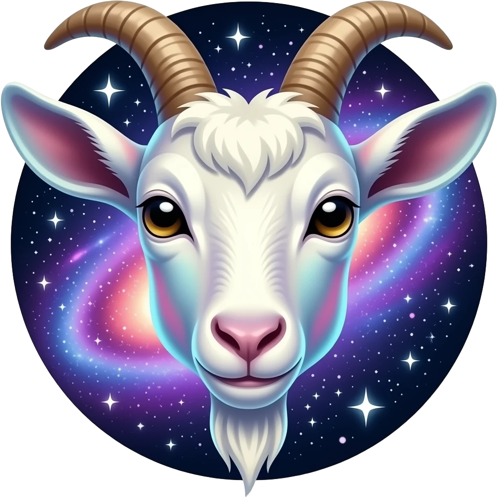 Holographic goats face front view with galaxy and stars behind emoji