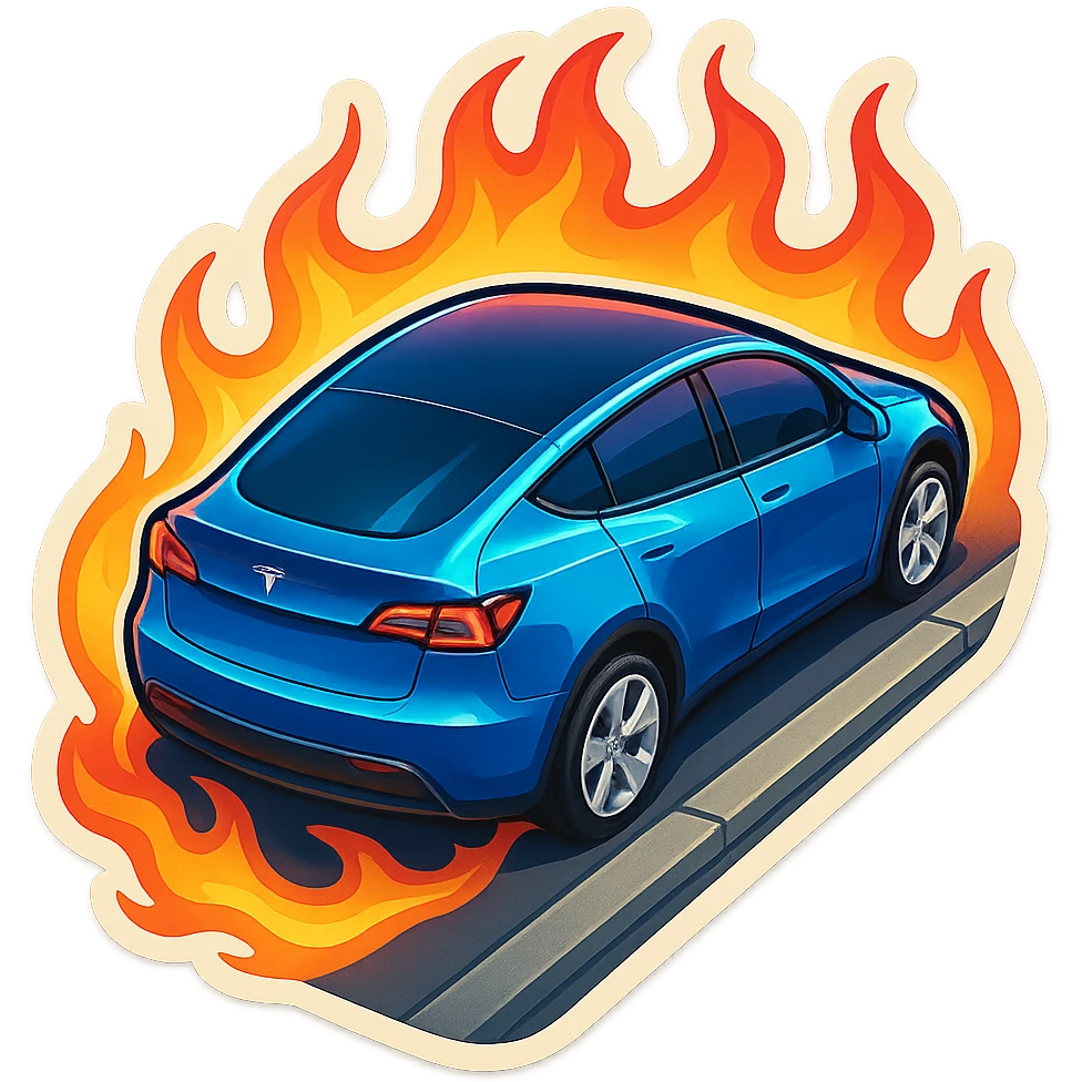 A Tesla Model Y parallel parking at a curb, from above, with fire around emoji