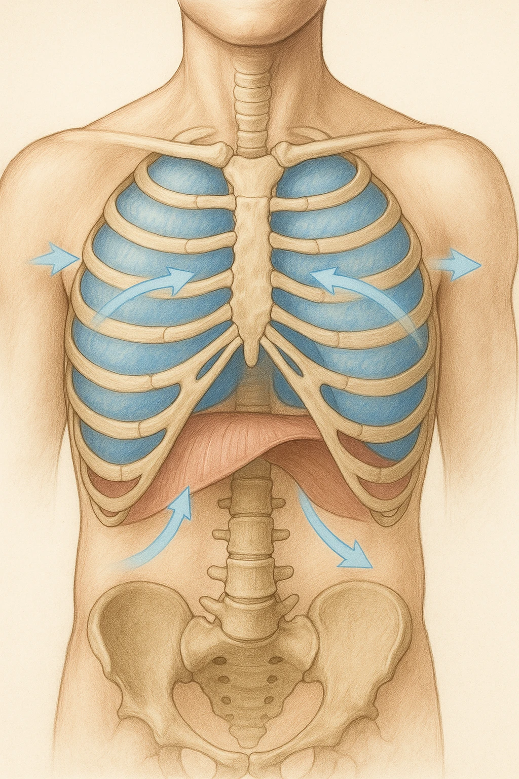 A realistic, high-quality anatomical illustration showing a human torso with visible rib cage and diaphragm. The ribs are shown in a decompressed, expanded state, allowing full lung expansion, while the diaphragm is depicted as relaxed and lowered, indicating deep, efficient breathing. Soft blue and warm tones highlight airflow and lung capacity, with light arrows illustrating the air movement during diaphragmatic breathing. The image conveys a sense of calm, openness, and optimal breathing mechanics, useful for physiotherapy, breathing education, and osteopathic learning contexts realistica emoji