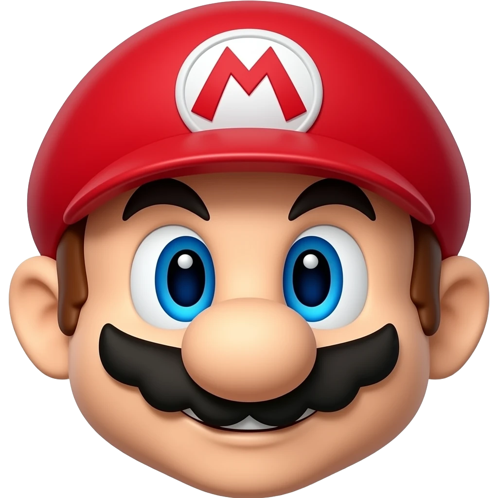 Super Mario viewed from a top-down angle, cute proportions, expressive blue eyes, emoji render emoji