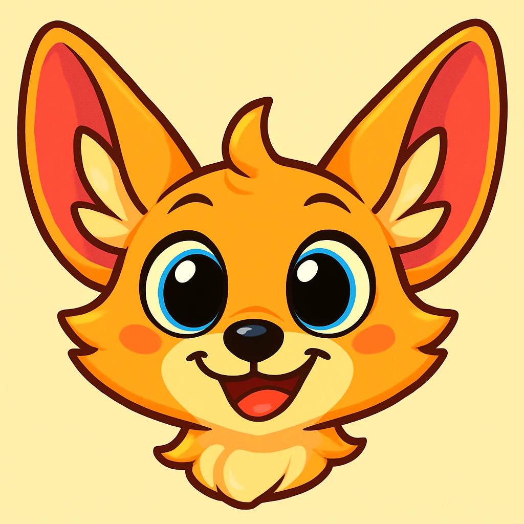 Make the fennec fox head even more cartoonish with exaggerated large eyes and ears, use brighter colors, and give it a playful expression. Maintain a style suitable for editing and cartoonish illustration. emoji